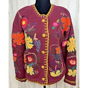 Vtg 80s Segue Womens Maroon Floral Embroidery Button Up Sweater Size Medium  VGC